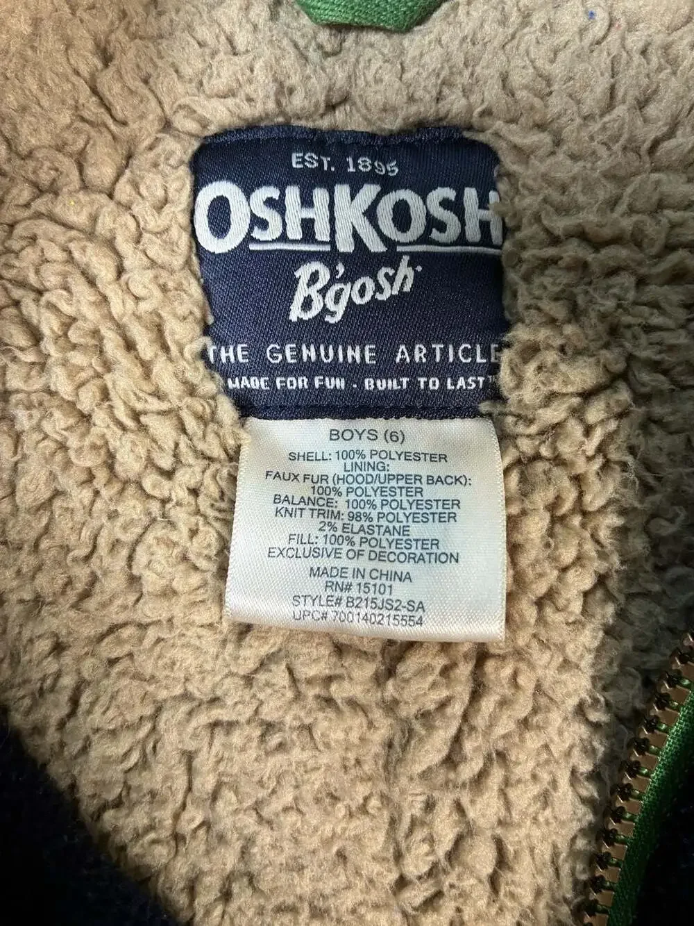 OshKosh B'gosh Boys Green Sherpa-Lined Field Jacket with Badge Detail